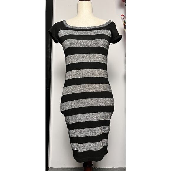 Say What! Women’s Y2K Style Black and Silver Striped Pencil Dress Size Small - Picture 1 of 6